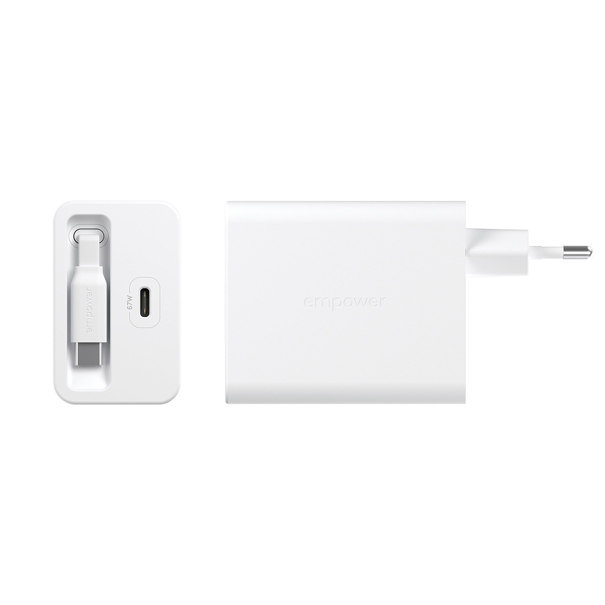 empower™ by PanzerGlass® Turbo 67W Retractable Cable Guy Charger incl. USB-C Cable | EU Plug | Silver White